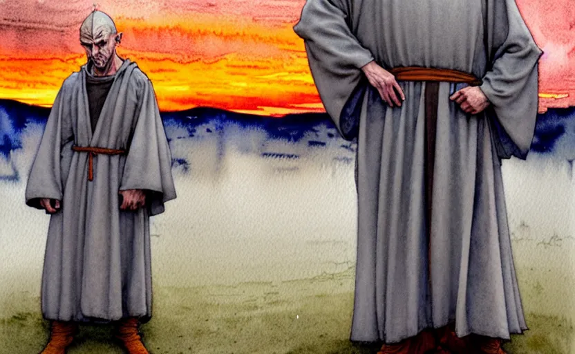 Prompt: a hyperrealist watercolor concept art of a medieval monk in grey robes with an orange sunset sky. a window to a different world is in the background showing a bright blue sky. very muted colors, by rebecca guay, michael kaluta, charles vess. high detail, hq, wide shot, 4 k