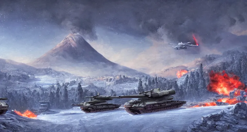 Image similar to snowy mountain, second world war fighting against ufo, aliens, tanks, jet fighters, missiles, with anti aircraft guns, with fire and smoke in the background by eugene von guerard, ivan shishkin, dramatic lighting, concept art, trending on artstation, 8 k