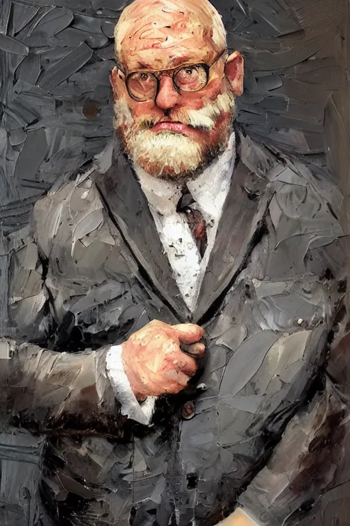 Image similar to palette knife oil painting of professor clay, middle - aged, thickset, barrel chest, voluminous, salt - and - pepper beard. eyes smolder like embers. dress shirt and suspenders, sleeves rolled, tie loosened. extreme detail. artstation trending, artgerm, deviant art, octane, substance, art history 8 k