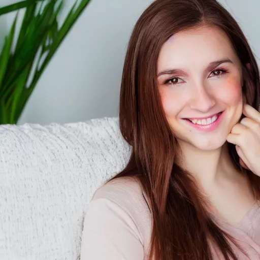 Image similar to Photograph of April, a cute young woman, long shiny bronze brown hair, full round face, green eyes, medium skin tone, light cute freckles, light blush, smiling softly, wearing casual clothing, relaxing on a modern couch, interior lighting, cozy living room background, medium shot, mid-shot