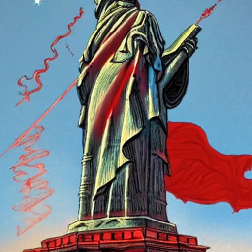 Image similar to Lady Liberty as the babylon Revelation 17 riding on the red dragon of china. illustration concept art