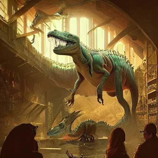 Prompt: “a dinosaur black market inside of a brick building, science fiction, ambience, D&D, fantasy, intricate, cinematic lighting, highly detailed, digital painting, artstation, concept art, smooth, sharp focus, illustration, art by Artgerm and Greg Rutkowski and Alphonse Mucha”