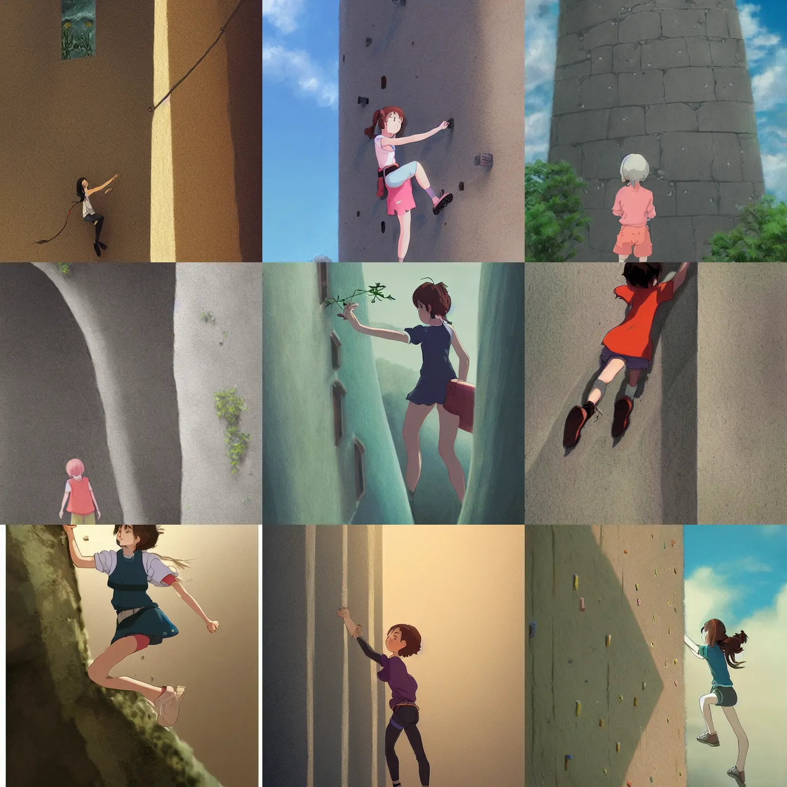 Prompt: a girl climbing a very tall wall. detailed artworks, cinematic quality, ghibli, pastel tone.