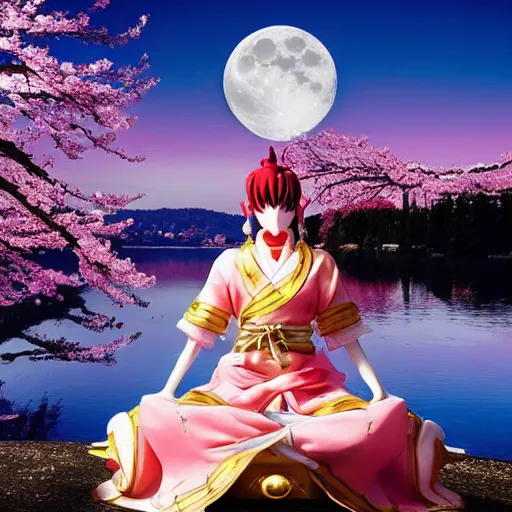 Image similar to Sakuyamon with the moon behind her by a shimmering lake, Sakura petals around her, majestic, graceful