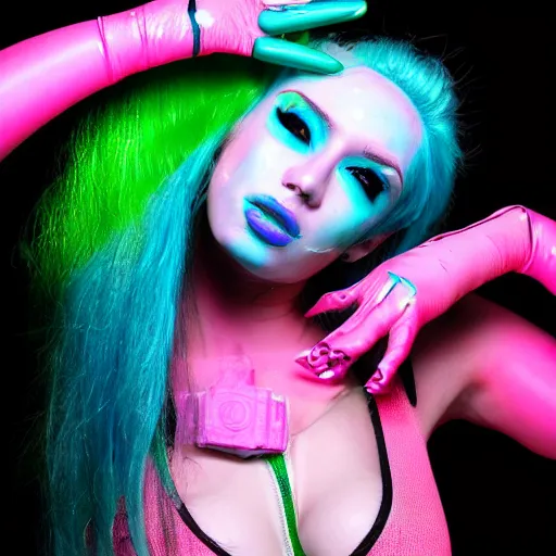 Prompt: Portrait of a beautiful cyberpunk android, blue lipstick, fluorescent pink face paint, bright green hair, metallic cyan bodysuit