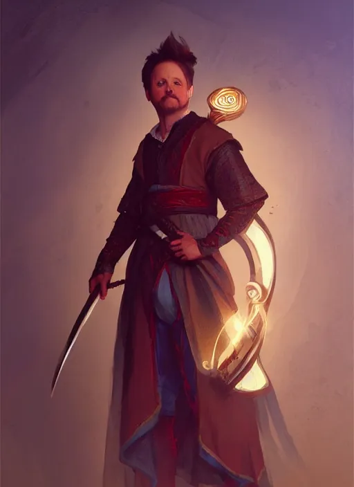 Image similar to illustration of michael j fox as a bard dressed in renaissance clothing with a goatee, by greg rutkowski artstation