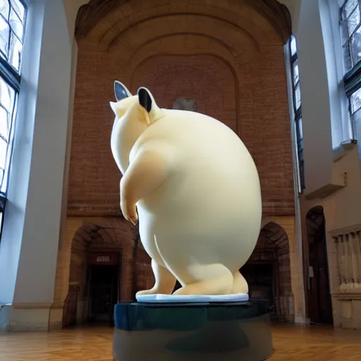 Prompt: rotund obese fox, glossy resin statue, Ron Mueck masterpiece in exhibition, wide angle shot