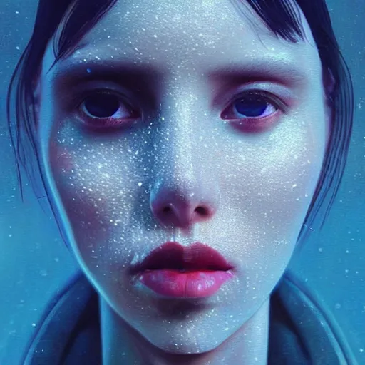Image similar to 3 d, sci - fi, close - up, winter, fashion model esthete with disgust face, moon rays, cinematic, fog, multiple exposure, deep blue mood, vogue cover style, poster art, intricate oil painting, high detail illustration, figurative art, poster art, by tooth wu and wlop and beeple and greg rutkowski