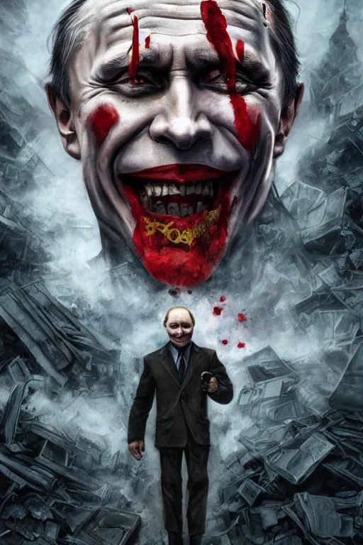 Image similar to portrait of vladimir putin as a joker in a city destroyed by war, realistic, high definition, 4 k, shimmering color, hyper detailed, art of greg rutkowski and magali villeneuve and artgerm