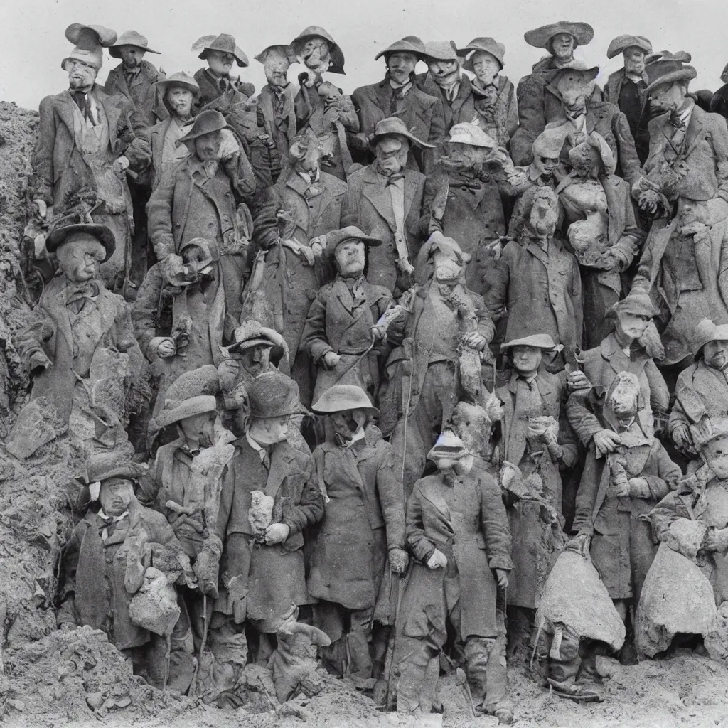 Image similar to a group of badger archaeologists with badger faces, digging at sutton hoo in 1 9 4 0 s suits, standing upright like people, anthropomorphic, style of beatrix potter, their faces are badger's faces, rendered as a highly detailed black & white photograph