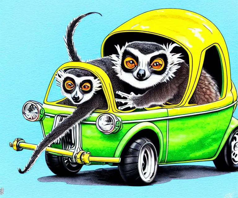 Prompt: cute and funny, lemur wearing a helmet riding in a tiny hot rod with oversized engine, ratfink style by ed roth, centered award winning watercolor pen illustration, isometric illustration by chihiro iwasaki, edited by range murata, tiny details by artgerm, symmetrically isometrically centered