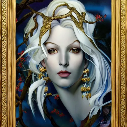 Prompt: dynamic composition, a painting of a pensive woman with white hair full of ( winter tree branches )!! wearing ornate earrings, ornate gilded details, a surrealist painting by tom bagshaw and jacek yerga and tamara de lempicka and jesse king, featured on cgsociety, pop surrealism, surrealist, dramatic lighting, wiccan, pre - raphaelite