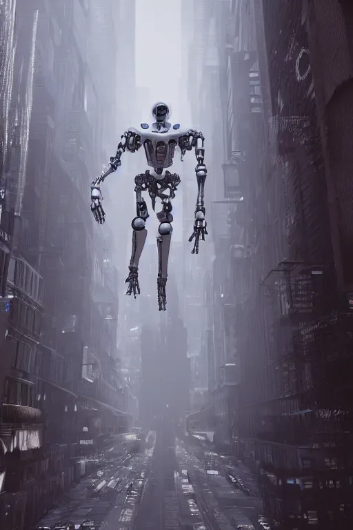 Image similar to jesus christ wearing a white robe with robotic arms and robotic legs walks in downtown new york in the future, intricate, hyper detailed, accent lighting, dramatic light, 4 k octane render