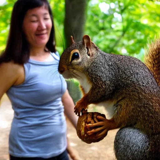 Prompt: a woman giving a nut to a giant squirrel. the squirrel is taller than the woman. 1 8 mm photo