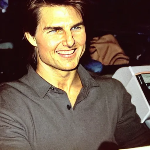 Prompt: Polaroid of Tom Cruise sitting in the cinema 1983