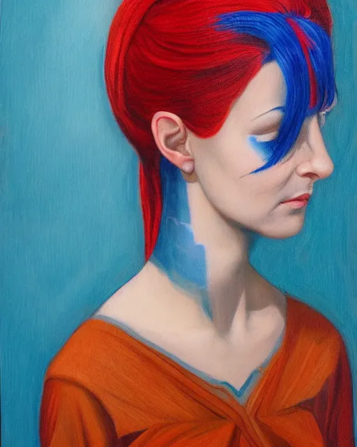 Prompt: A detailed matte oil on canvas head on symmetrical portrait of a distinguished elven woman with split red and blue hair