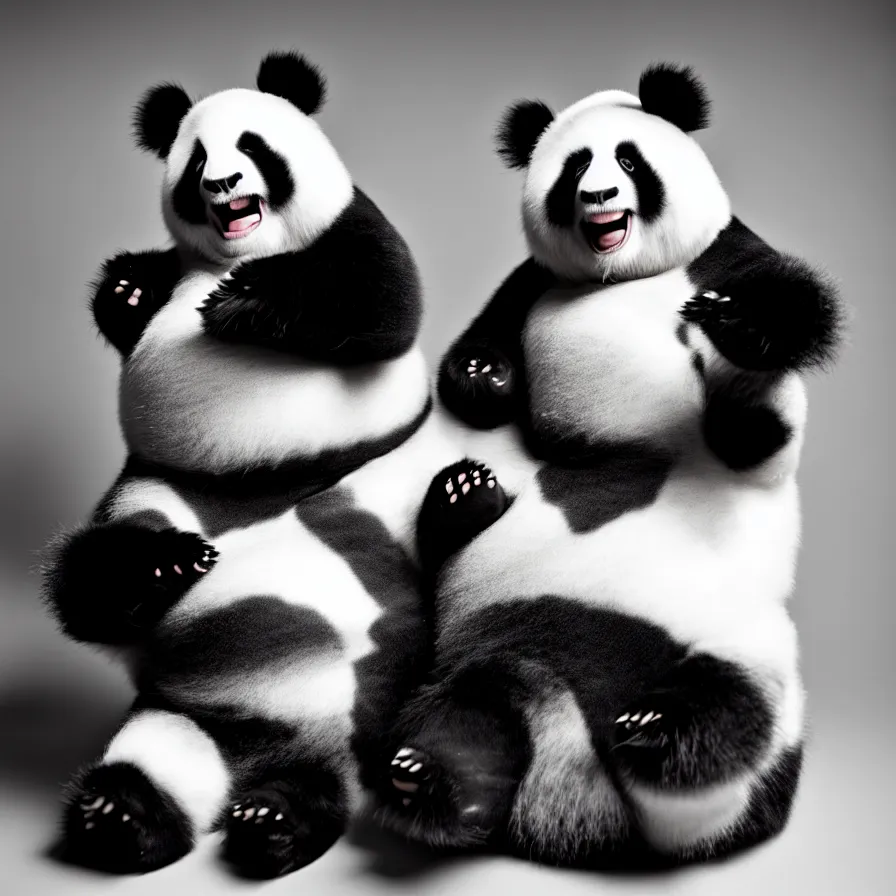 Prompt: rare classified photo, black & white, studio lighting, a tall fat cow panda monk laughing, real fur and real skin