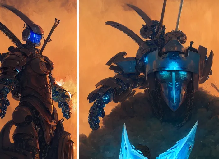 Prompt: two man viking cape evangelion cyborg blue armor sword of fire fighting in cyberpunk tokyo city with explosion by gaston bussiere, anna nikonova aka newmilky, greg rutkowski, yoji shinkawa, yoshitaka amano, tsutomu nihei, muira, moebius, donato giancola, trending on artstation, featured on pixiv