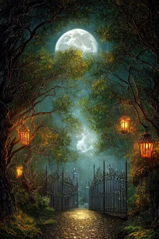 Image similar to a beautiful digital illustration painting of a detailed gothic fantasy fireflies forest trees and iron gate cobblestone pathway vines full moon by james gurney, 8 k resolution trending on artstation concept art digital illustration