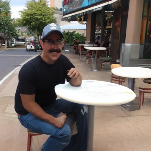 Prompt: mario sitting at star bucks.