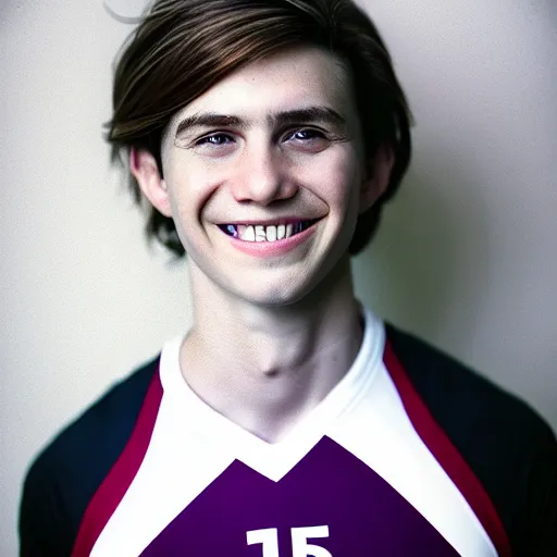 Image similar to photographic portrait by Annie Leibovitz of a young white male smiling with short brown hair that sticks up in the front, dark eyes, groomed eyebrows, tapered hairline, sharp jawline, wearing a purple white volleyball jersey, sigma 85mm f/1.4, 15mm, 35mm, 4k, high resolution, 4k, 8k, hd, full color