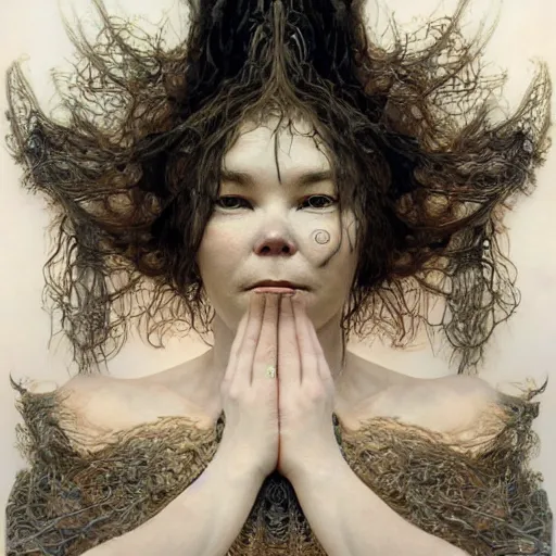 Image similar to bjork by zdzisław beksinski, iris van herpen, raymond swanland and alphonse mucha. highly detailed, hyper - real, beautiful