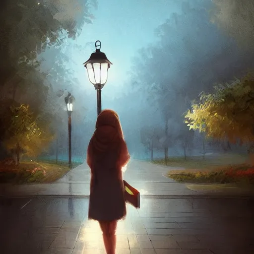 Image similar to a girl reading a book, city park, street lighting, greg rutkowski, digital painting