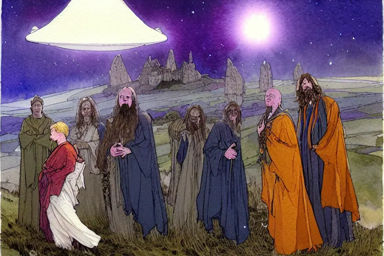 Image similar to a realistic and atmospheric watercolour fantasy character concept art portrait of a group of christians wearing robes and emerging from the mist on the moors of ireland at night. a ufo is in the sky. by rebecca guay, michael kaluta, charles vess and jean moebius giraud