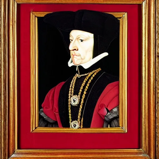 Image similar to a highly detailed painting of a raven dressed as an elegant tudor gentleman, in a room with thick red tapestries, by hans holbein