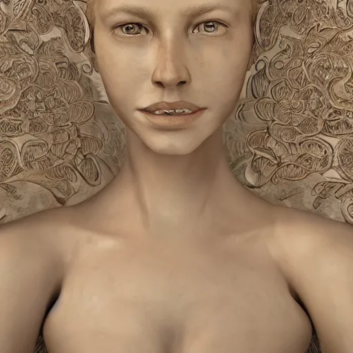 Image similar to beatifull face portrait of a woman, 150 mm, anatomical, flesh, flowers, mandelbrot fractal, facial muscles, veins, arteries, intricate, golden ratio, full frame, microscopic, elegant, highly detailed, ornate, ornament, sculpture, elegant , luxury, beautifully lit, ray trace, unreal, 3d, PBR, in the style of peter Gric , alex grey and Romero Ressendi