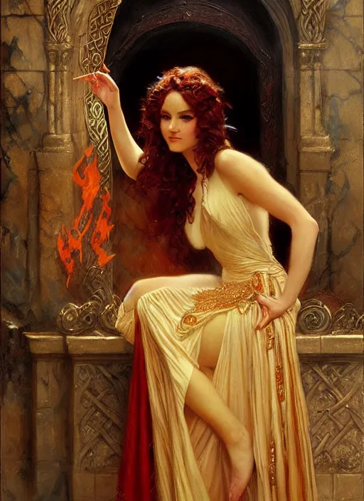 Image similar to young celtic woman, goddess of fire, flowing gown, smug expression, highly detailed painting by gaston bussiere, craig mullins, j. c. leyendecker 8 k full length