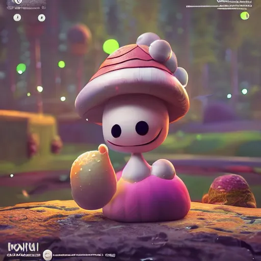 Image similar to : kawaii mushroom Character very happy and fun ,hyper detailed art station  parabolic lighting contest winners unrealengine trending on artstation,cinematic, hyper realism, high detail, octane render, 8k