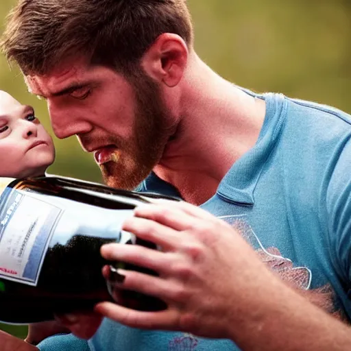 Prompt: ESPN photo of Tall male Wrestler with stubble drinking a bottle of wine, while holding a small child in a choke hold