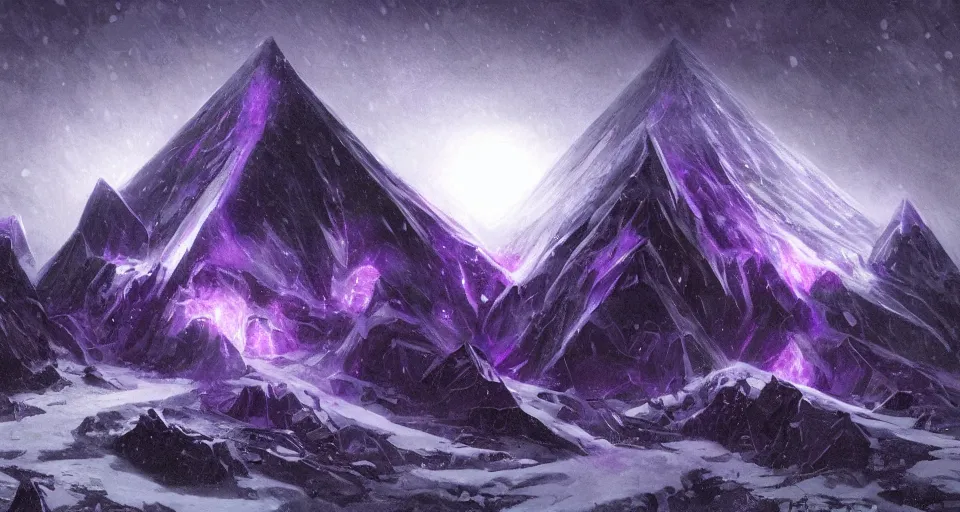 Image similar to black lovecraftian eldritch!! obsidian pyramid!! purple light beams on a snowy mountain, being found by explorers, snowy, windy, by eugene von guerard, ivan shishkin, night, red lightning!!, storm!, dramatic lighting, concept art, trending on artstation, 8 k