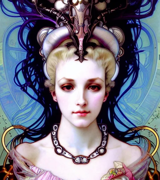 Prompt: realistic detailed face portrait of a young beautiful alien baroque cyberpunk queen marie antoinette by alphonse mucha, ayami kojima, amano, greg hildebrandt, and mark brooks, art nouveau, female, feminine, baroque cyberpunk, rococo cyberpunk, neo - gothic, gothic, character concept design