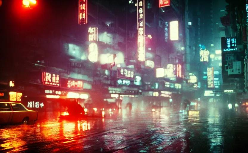 Prompt: 35mm atmospheric urban photographic landscape of Hong Kong 20XX, Blade Runner 1982 city, futuristic dystopian megacity skyline, hard rain falling, neon, industrial fires and smog