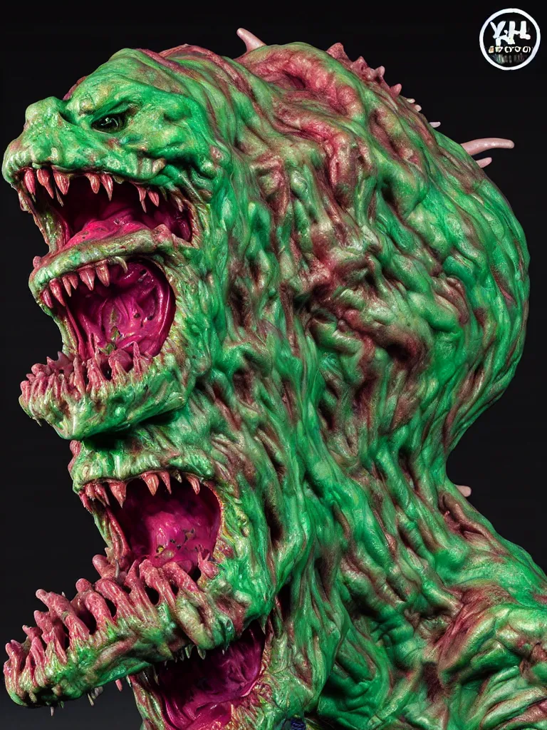 Prompt: hyperrealistic subsurface scattering rendering, fat smooth wet cronenberg flesh monster kaiju with smooth skull and ribcages kaiju by art of skinner and richard corben and jeff easley, product photography, action figure, sofubi, studio lighting, colored gels