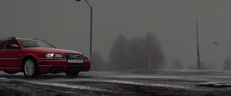 Image similar to Audi A4 B6 Avant (2002), a gritty neo-noir, dramatic lighting, cinematic, eerie person, death, homicide, homicide in the snow, gunshots, establishing shot, extremely high detail, photorealistic, red mist, red fog, chaos, arson, burning city, cinematic lighting, artstation, by simon stalenhag, Max Payne (PC) (2001) winter New York at night, In the style of Max Payne 1 graphic novel, flashing lights, Poets of the Fall - Late Goodbye