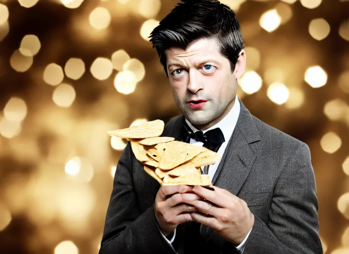 Prompt: cinematic 1 9 2 0 s portrait of misha collins eating saltines, bokeh,