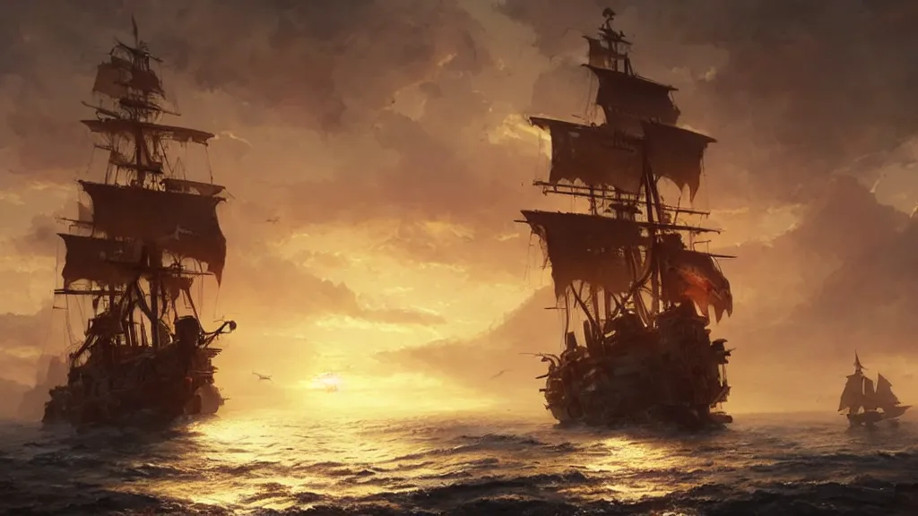 Prompt: a pirate ship, low angle, cinematic, golden hour, by greg rutkowski, artstation, hd, mist