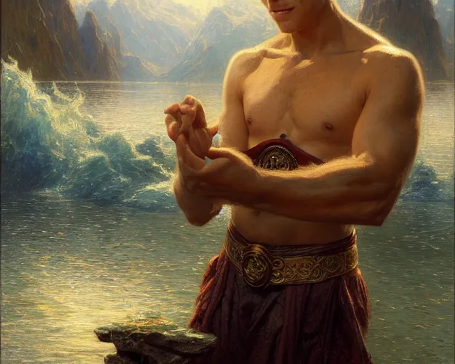 Image similar to attractive male wizard casting powerful tsunami wave spell in a beautiful lake. highly detailed painting by gaston bussiere, craig mullins, j. c. leyendecker 8 k