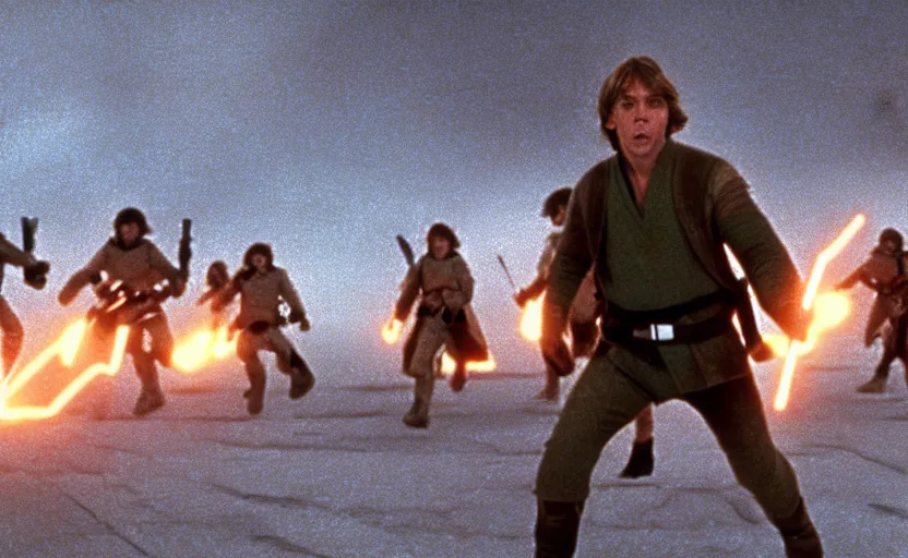 Image similar to screenshot portrait of Luke Skywalker running in a windy fiery battlefield with scattered parts of AT-AT walkers, with young jedi army behind him, iconic scene from 1983 film by Stanley Kubrick, last jedi, 4k HD, movie still, explosions, cinematic lighting, beautiful portrait of Mark Hammill, moody scene, stunning cinematography, anamorphic lenses, kodak color film stock