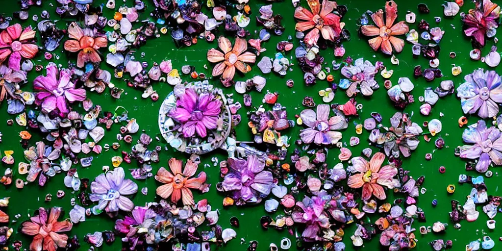 Prompt: tiny beautiful flowers overgrowing motherboards, computer chips covered in flower petals