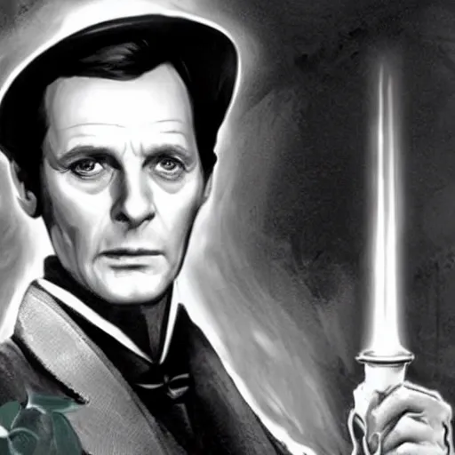 Prompt: Jeremy Brett as Sherlock Holmes as a powerful Warlock, with green energy emanating from his eyes.