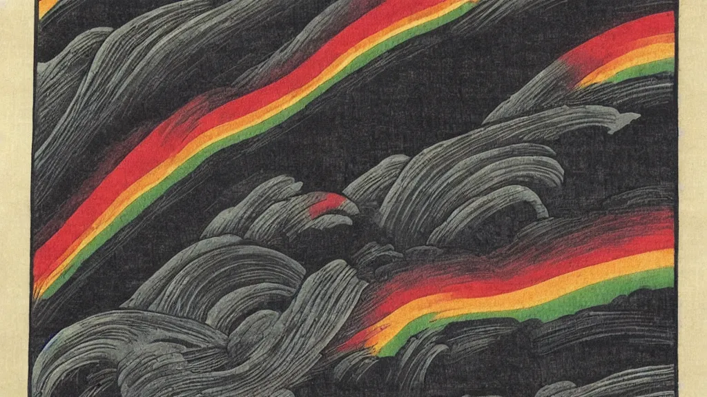 Prompt: japanese woodblock print of twisting rainbow in black sky. trending on artstation.