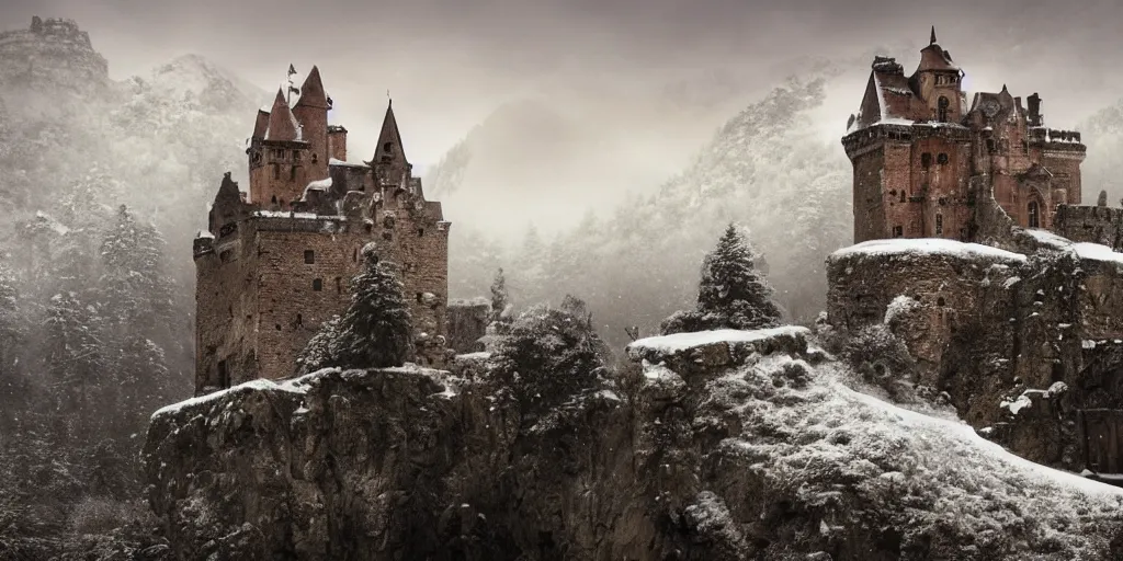 Prompt: an ancient broken down castle on a snowy mountain on a fogy day, high detail, high definition, photorealistic, 8k