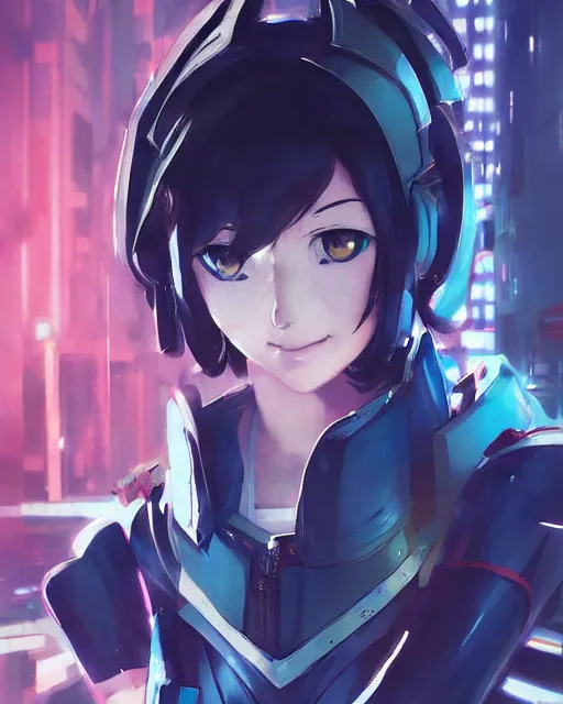 Image similar to portrait of anime girl in mechanic armor in night tokyo by makoto sinkai, my hero academia,cyberpunk, greg rutkowski, perfect face, fine details