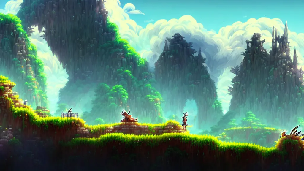 Image similar to side scrolling landscape sotn, studio ghibli, pixar and disney animation, sharp, rendered in unreal engine 5, highly detailed, digital painting, artstation, terraria, hollow knight, smooth, sharp focus, illustration, wide angle, wallpaper, splash art, promo art, dramatic lighting, art by artgerm and greg rutkowski and bo chen and jin xiaodi