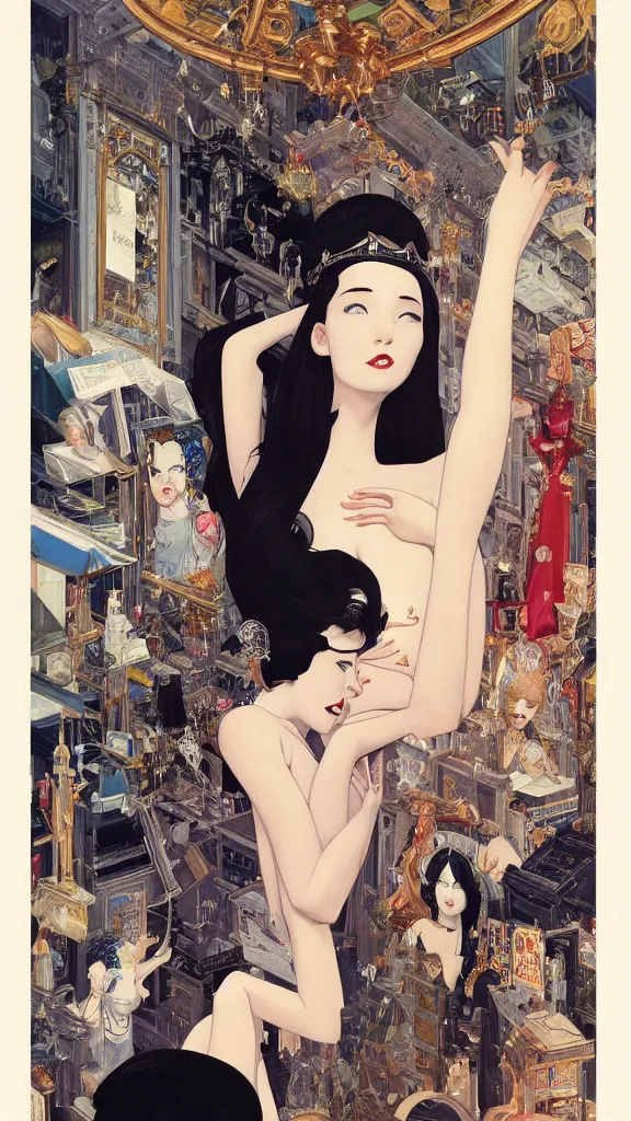 Image similar to a beautiful black haired woman with pale skin and a crown on her head sitted on an intricate metal throne new york circa 1 9 8 4 edward hopper and james gilleard, surreal, open ceiling, highly detailed, airbrush, ilya kuvshinov, wlop, stanley artgerm, very coherent, art by takato yamamoto and james jean