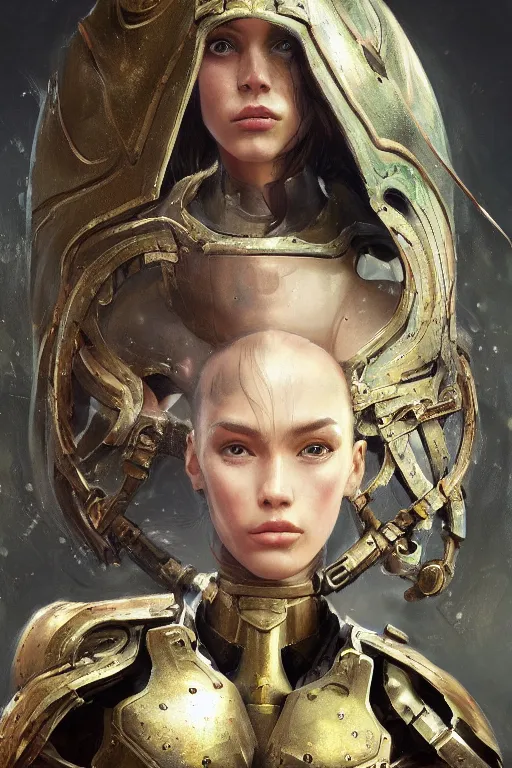 Image similar to a photorealistic painting of an attractive young girl, partially clothed in metal-plated battle armor, olive skin, long dark hair, beautiful bone structure, symmetrical face, perfect eyes, intricate, elegant, digital painting, concept art, illustration, sharp focus, minimal artifacts, from Metal Gear, in the style of Ruan Jia and Mandy Jurgens, by Greg Rutkowski, trending on Artstation, award winning